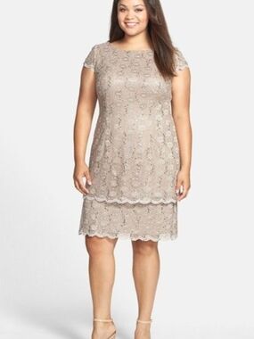 Alex Evenings Plus-Size 20: Lace & Sequin Dress in Taupe Gold